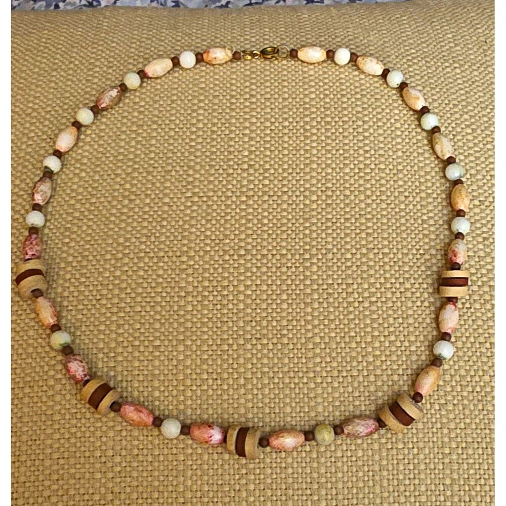 Handmade Artisan Boho Necklace Pink White Oval Beads Brown Discs Lobster Clasp
